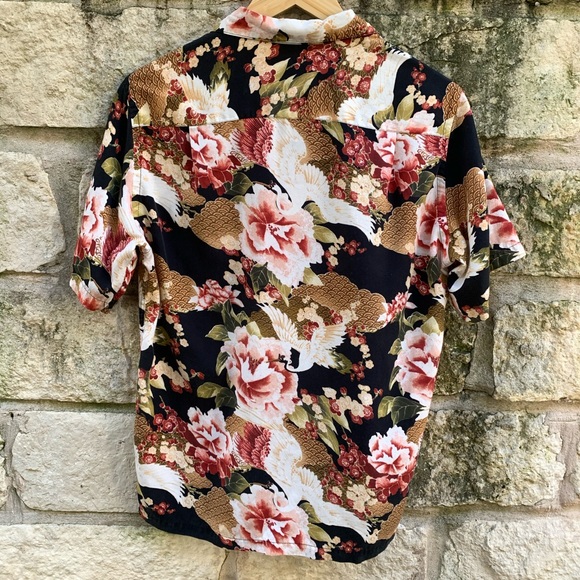 Portuguese Flannel Birds of Paradise Short Sleeve Camp Black/Pink Size small - Picture 2 of 4